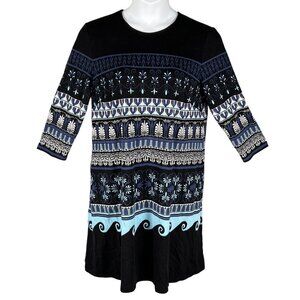 J McLaughlin XL Black Blue Fair Isle Nordic Print Midi Shift Dress 3/4 Sleeves